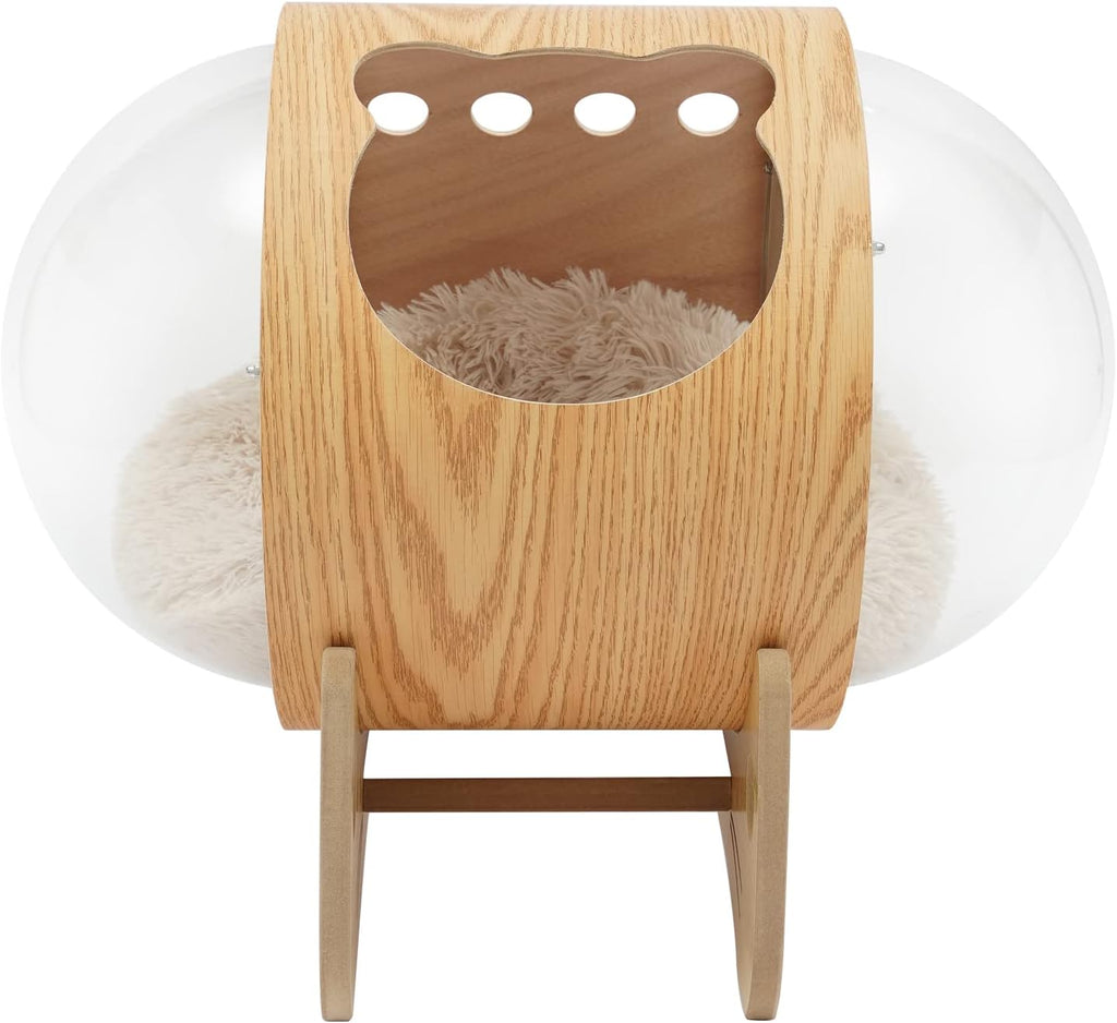 Wooden Cat Bed Capsule, Spaceship Modern Cat Bed with Acrylic Dome, Large Transparent Capsule Indoor Cat House, Pet