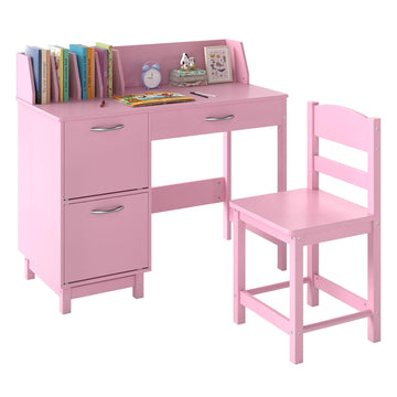 Kids Desk and Chair Set, Wooden Student Study Desk Set w/Hutch, Storage Drawer & Cabinets for 3-8 Years Old Child