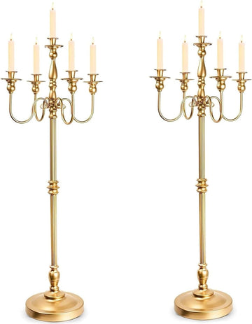 Floor Candelabra Tall 5 Arms Candle Holders, 48" Gold Metal Candlestick for Taper Candle and Floral Centerpiece Stand