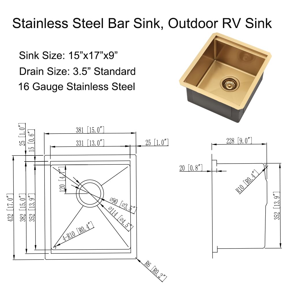 Brass Bar Sink Undermount, 15 x 17 Inch