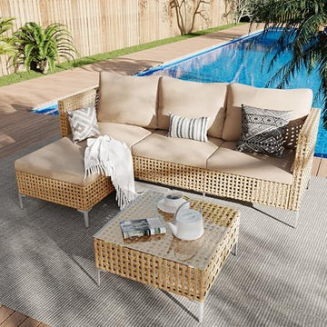 3-Piece Wicker Outdoor Patio Furniture Set | Beige All-Weather Resistant with Thick Cushions for Patio, Garden & Porch