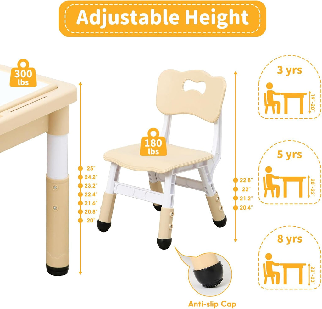 4 in 1 Kids Table and 2 Chairs Set, Large Storage Toddler Table and Chair Set with 4 Side Box, Graffiti/Building