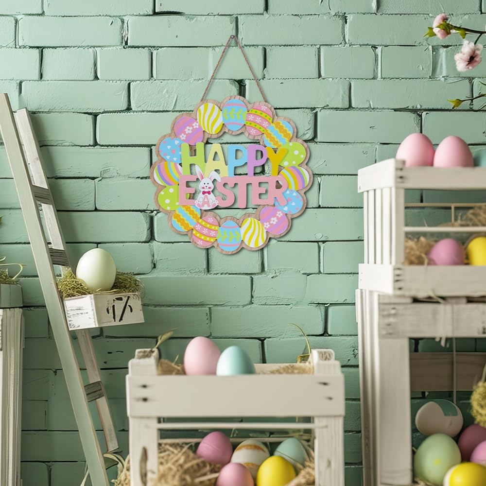Easter Decorations, Wooden Bunny Eggs Wreaths for Front Door Sign, Happy Easter Wood Wall Signs Hanging Crafts Spring