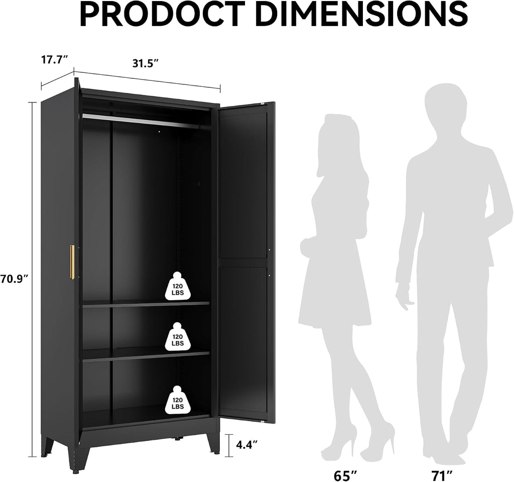 Black Metal Wardrobe Closet 2-in-1 Design, 71" Freestanding Armoire with Adjustable Hanging Rod & Shelves