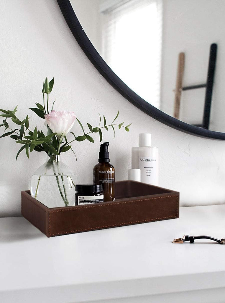 Decorative Vanity Tray, Desktop Storage Organizer, Catchall Tray, Valet Tray, Nightstand or Dresser Organizer, PU