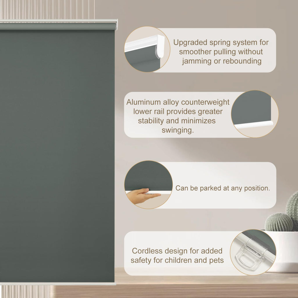 Blackout Roller Shades for Indoor Windows, Cordless Roller Blinds, Free-Stop Roll Up Shades with Thermal Insulated, Uv