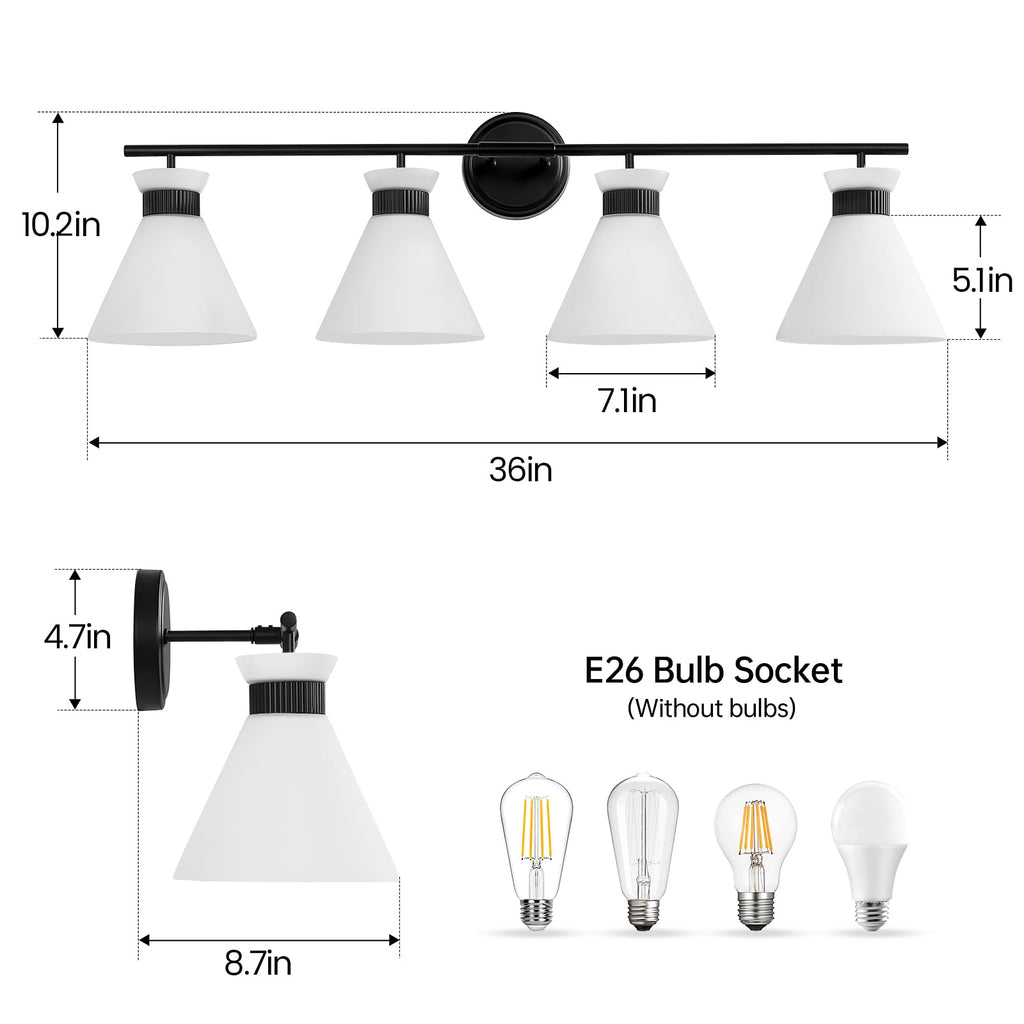 Black Bathroom Vanity Light Fixtures: Bathroom Lighting Fixtures over Mirror 36 inch with Milky White Frosted Glass