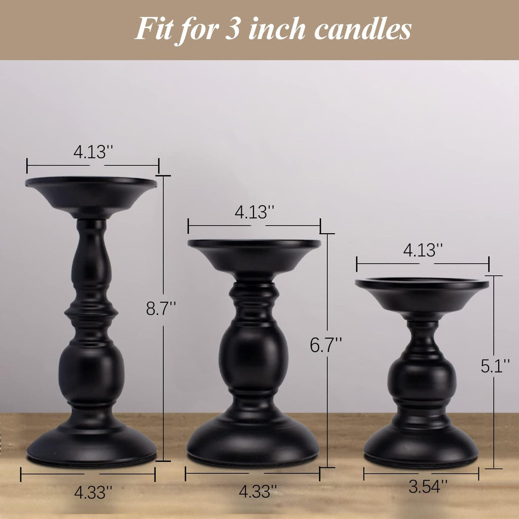 Black Pillar Candle Holders Set of 3, Vintage Candle Holder for Table Centerpiece & Fireplace Decor, Decorative