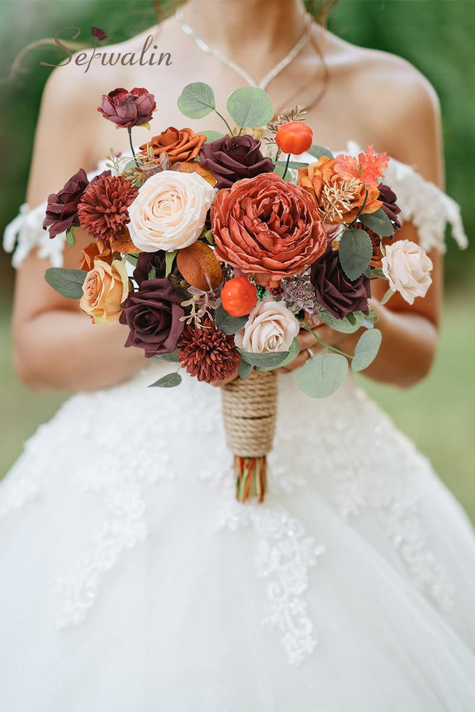 Artificial Fall Flowers Burgundy Orange Silk Flowers for Wedding