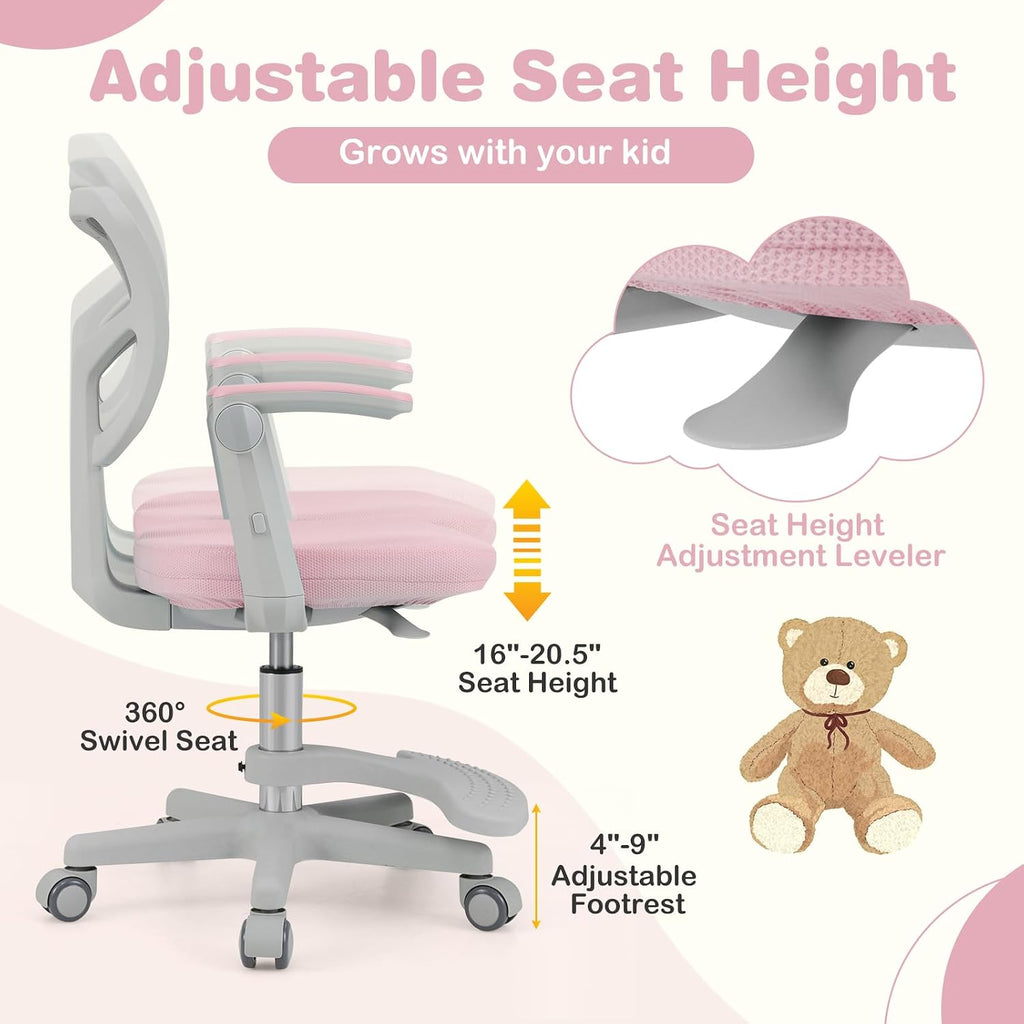 Kids Desk Chair, Children Study Chair with Adjustable Height/Armrest/Footrest, Swivel Rolling Mesh Task Student