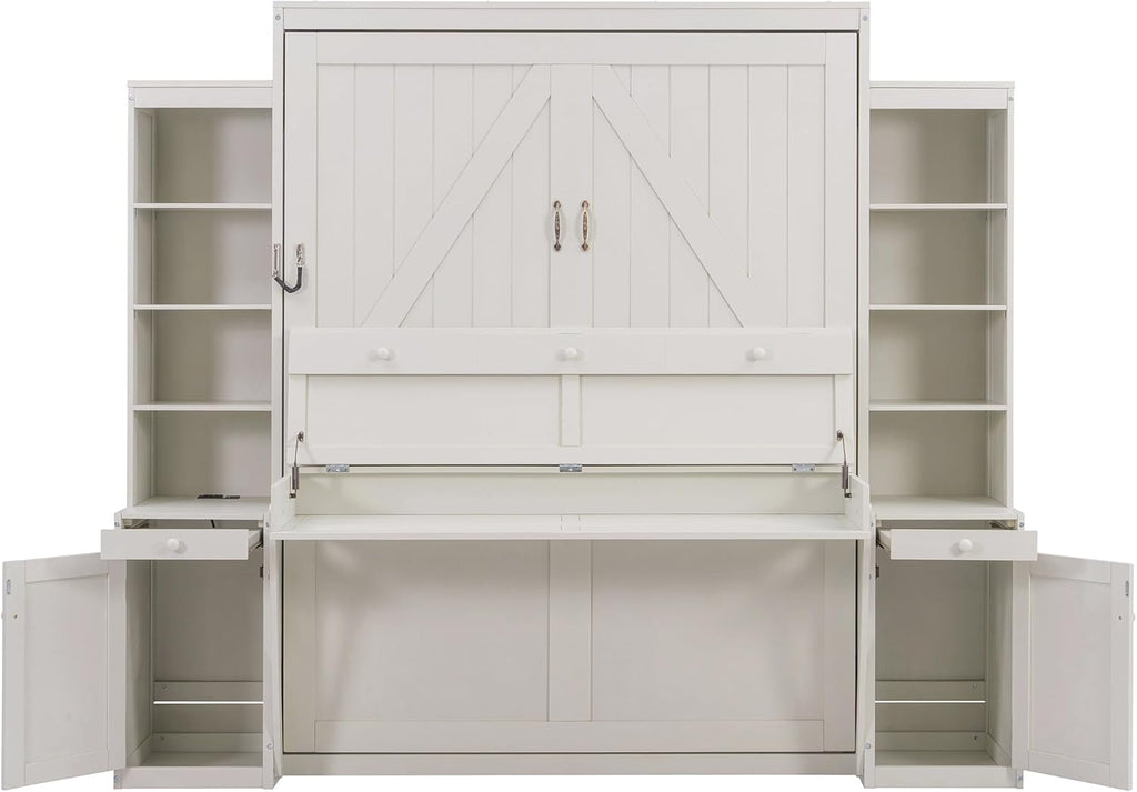 Queen Murphy Bed with Desk & Storage, Wood Wall Bed for Apartments Bedroom Home Office Studio (White#B, Queen)