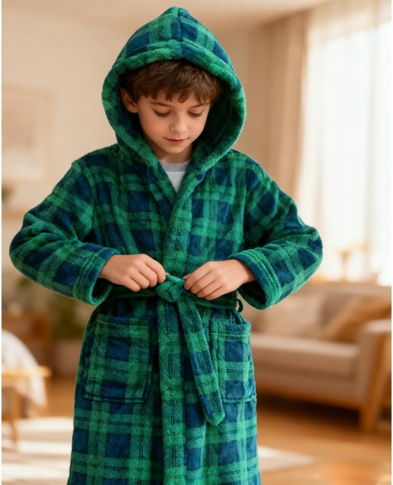 Boys Fleece Robe Toddler Hooded Plush Soft Bathrobe for Kids Sleepwear
