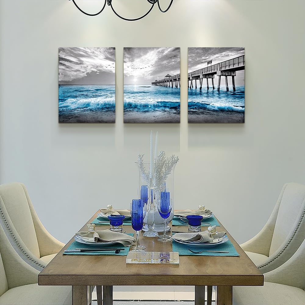 Wall Decorations 3 Piece Framed Canvas Wall Art Black And White Wall Painting Blue Ocean Sea Wave Pictures