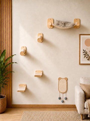 Cat Wall Shelves 6-in-1 Wall Mounted Cat Furniture with Perch & Hammock, Wooden Climbing Shelves with Scratching Post