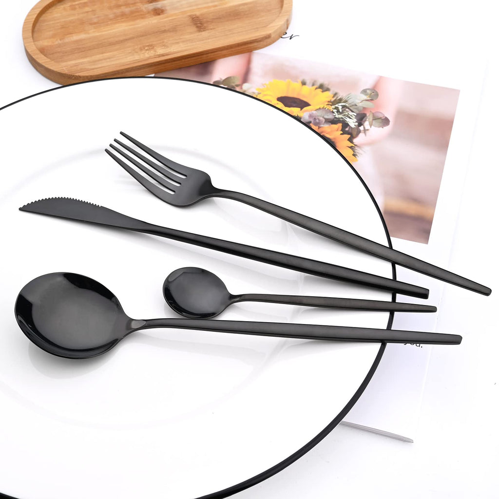 24-Piece Mirror Black Polished Flatware, 18/0 Stainless Steel Dinnerware Set Include Knife Fork Spoon Teaspoon