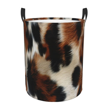 Brown Cowhide Laundry Basket Laundry Hamper With Handles Collapsible Laundry Baskets Storage Basket For Room Bathroom