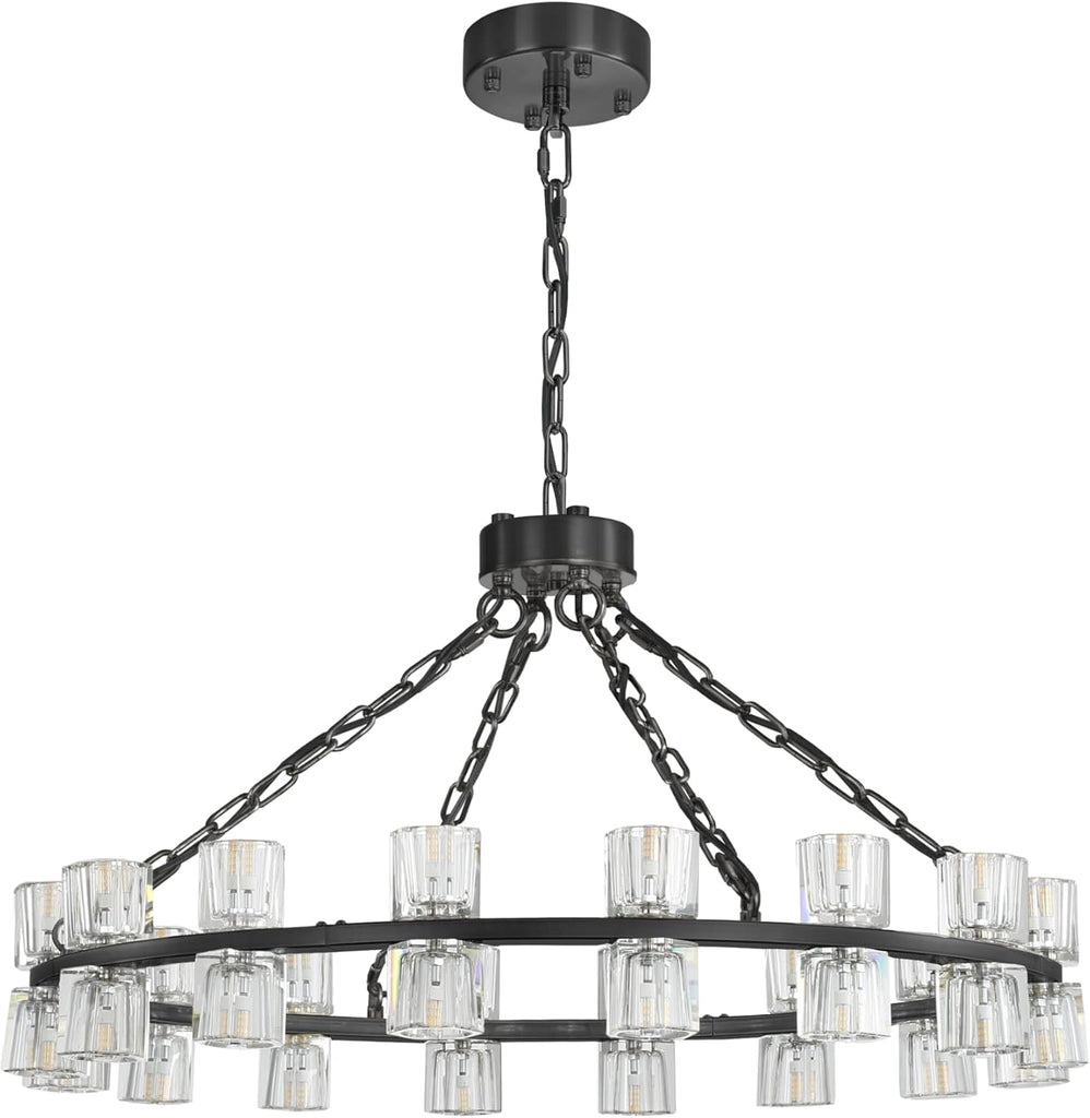 Inspired Arcachon Style Round Wagon Wheel Chandelier, 32" 32-Light Black, Extended 32" Chain — Foyer, Dining & Living Room