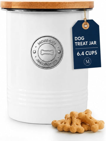 Dog Treat Container with Bamboo Lid, White Metal, 5.1" W x 6.5" H, 6.4 Cups