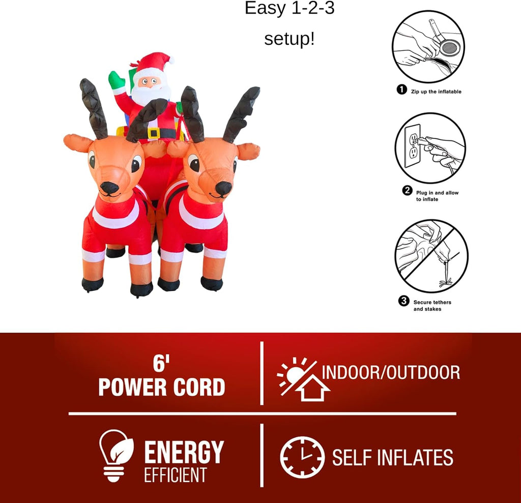 7FT Inflatable Sleigh with Santa and Reindeer Outdoor Decoration, Christmas Blow Up Yard Decorations, Built-in LED