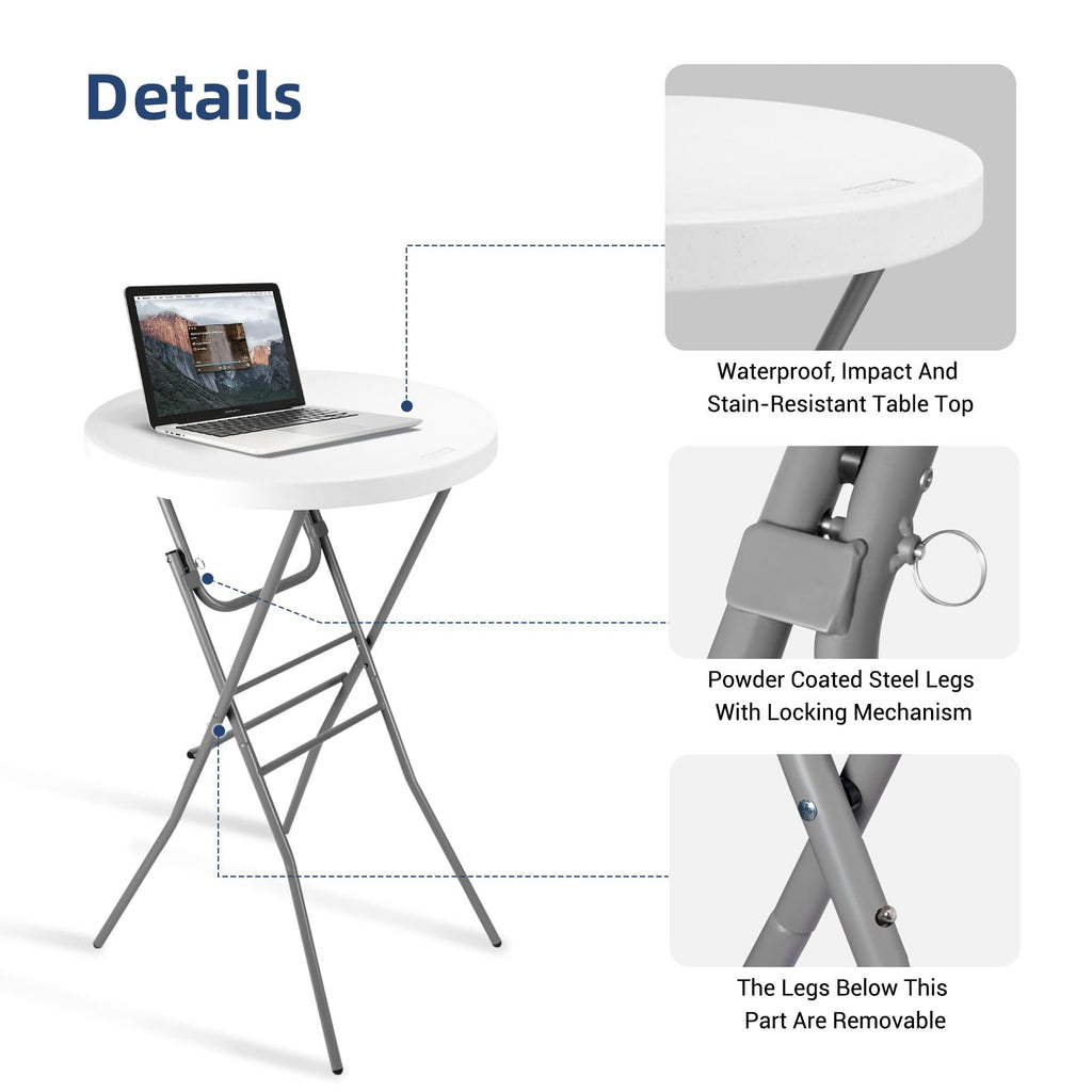 28in Folding Cocktail Table, Round Bar Height High Top, White 2PK