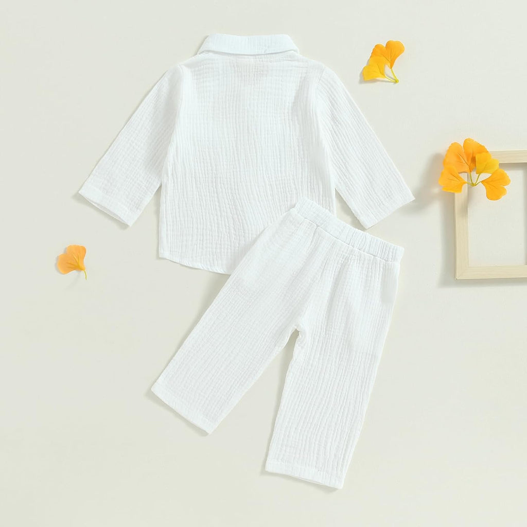 Toddler Boy Linen Outfit Baby Boy Fall Winter Clothes Set Button-Down Shirt Tops Cotton Linen Pants 2PCS