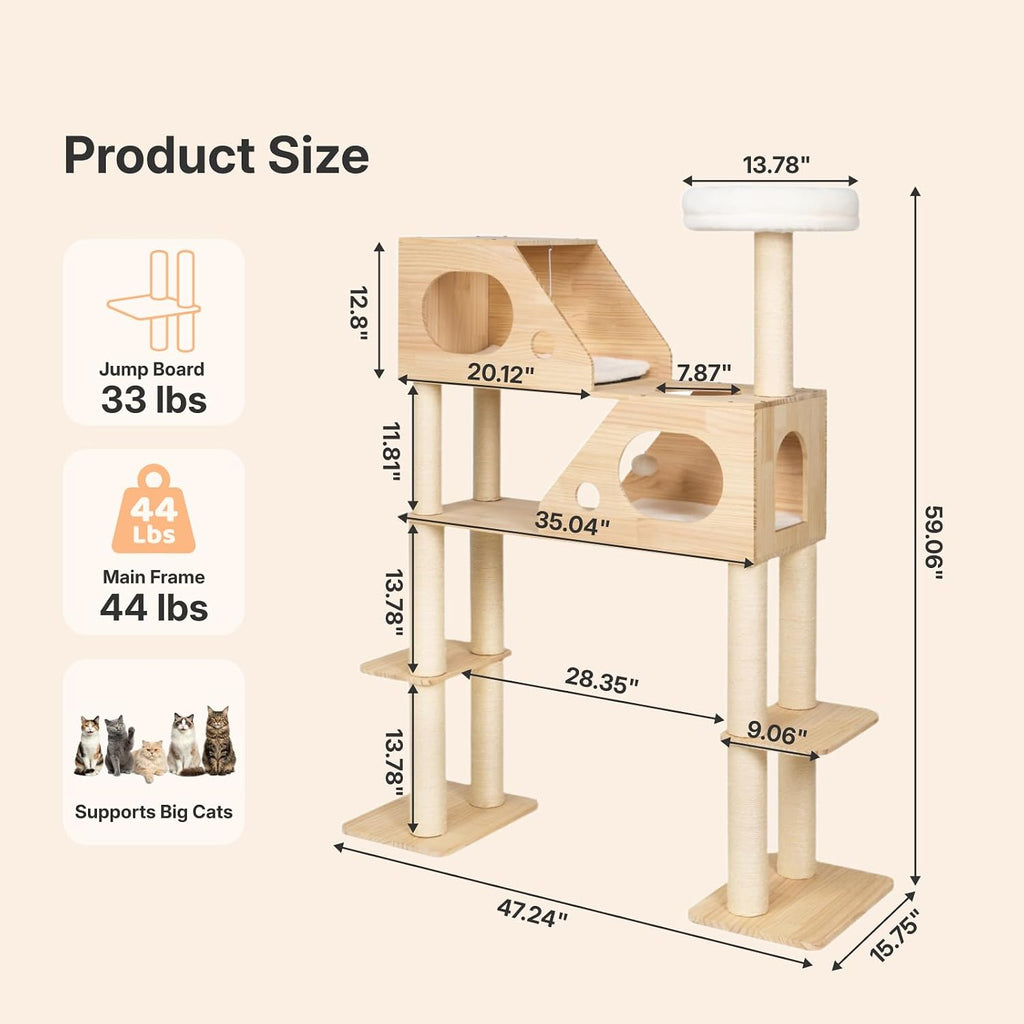 Large Cat Tree for Automatic Litter Box, 4 Tier Sturdy Wood Tower