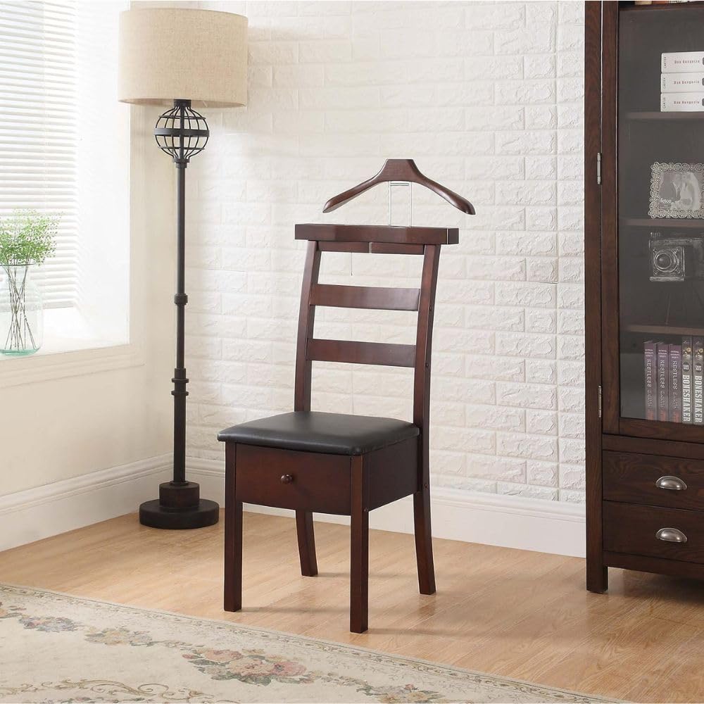 Wooden Chair Valet with Drawer Hanger Trouser Bar Belt And Tie Rack Storage Seat Luxury Suit Stand Clothes Organizer