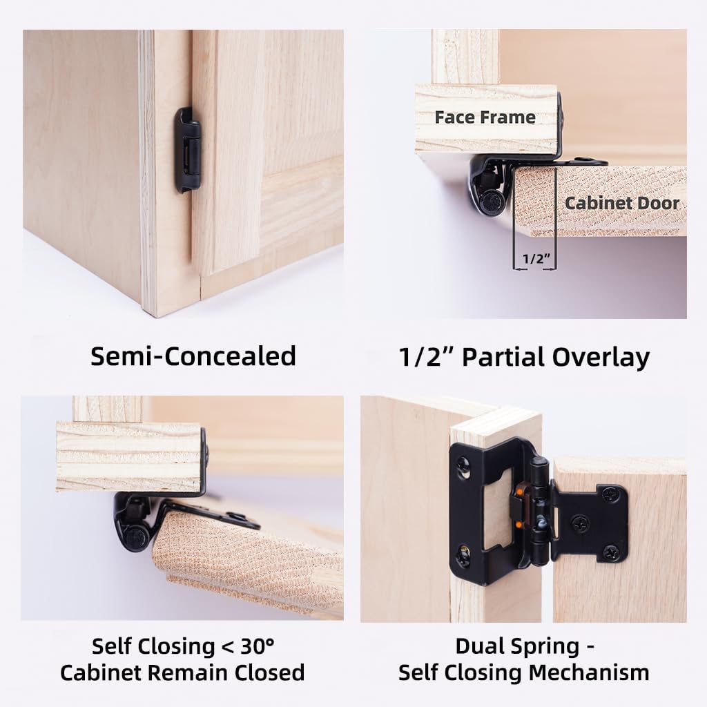 50 Pack 1/2" Overlay Black Cabinet Hinges for Cabint Doors (25 Pairs) - Self-Closing Partial Wrap Semi-Concealed Face
