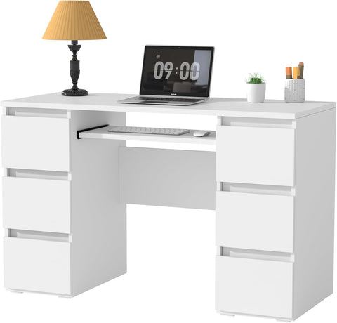 Computer Desk with 6 Drawers, 47'' Home Office Desk with Storage & Keyboard Shelf, White Gaming Desks