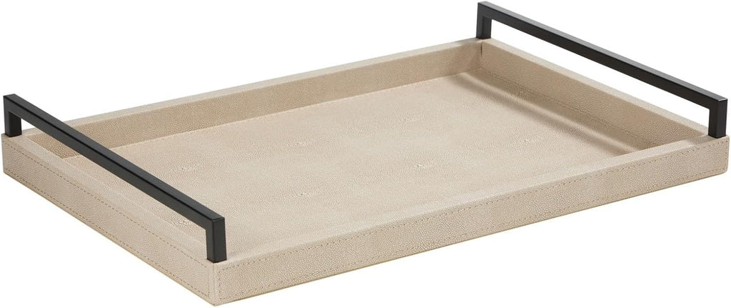 Sagala Ivory Shagreen Serving Tray for Ottoman, Faux Leather Wooden Decorative Tray with Black Handle for Coffee