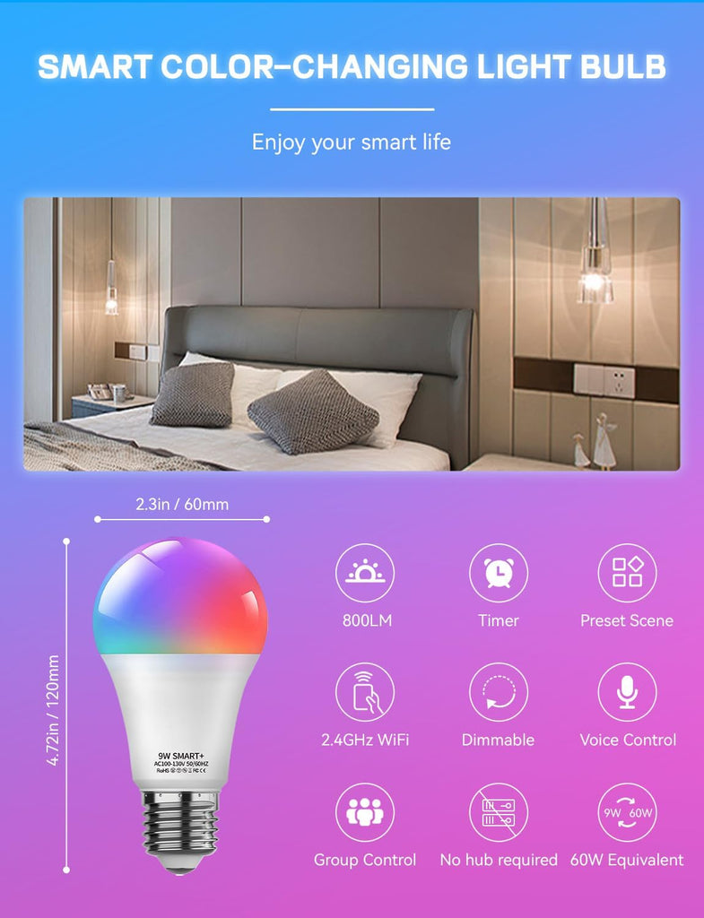 Smart Light Bulbs, WiFi & Bluetooth 5.0, Work with Alexa Google Assistant, App Control, Color Changing LED Bulb,E26