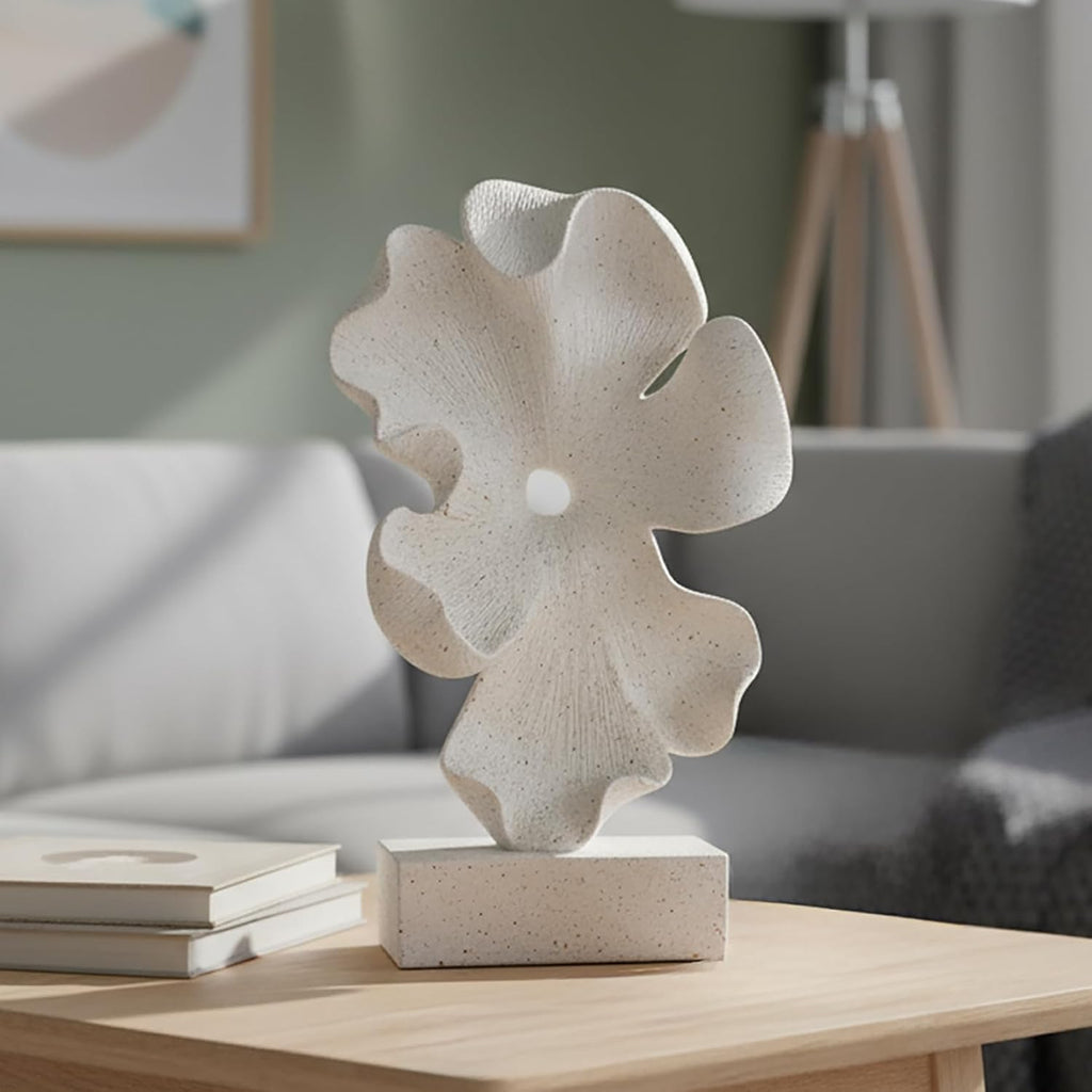 Abstract Flower Sculpture, White Speckled Resin, 10.63 x 6.3 x 2.56 in, Modern Decorative Figurine on Base