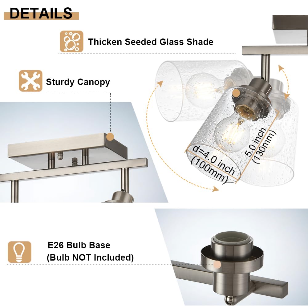 4-Light Track Lighting Fixtures, Rotatable Track Head Bathroom Vanity Light Ceiling Spotlight Brushed Nickel, Seeded