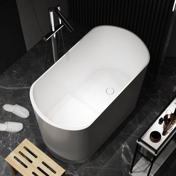 40" Japanese Soaking Bathtub Modern Deep Oval Freestanding Tub in Matte White Stone Resin