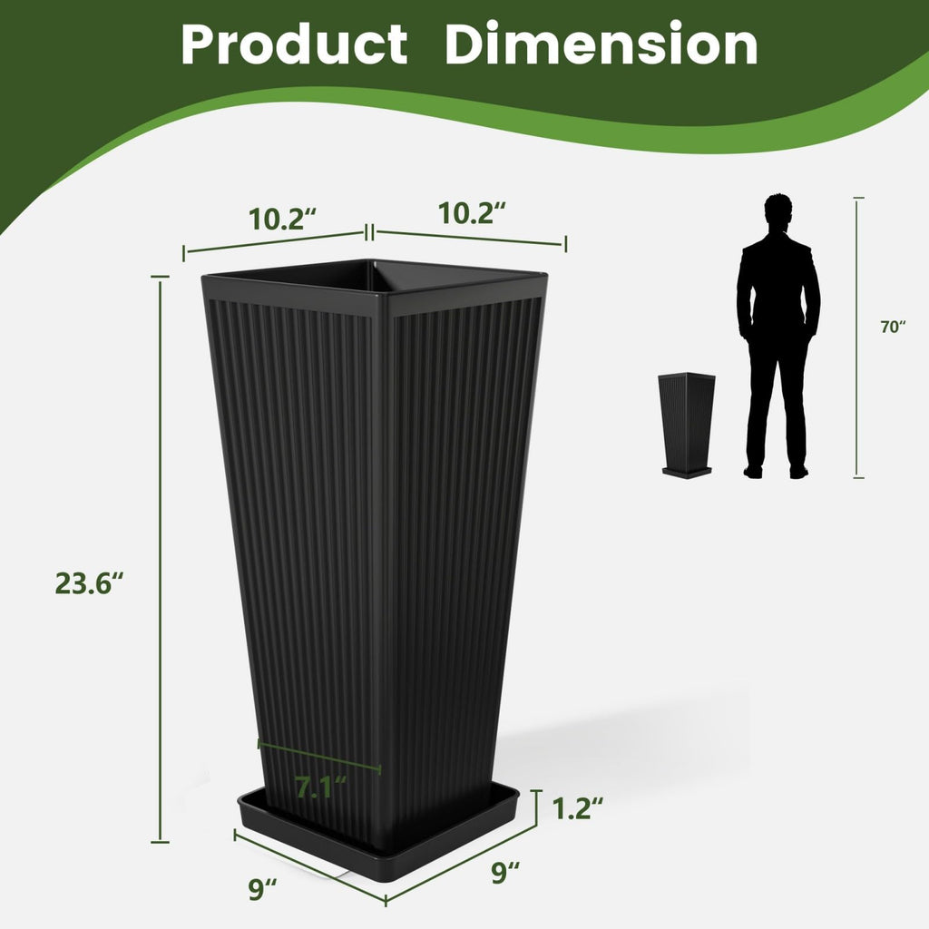 24" Tapered Tall Planters for Outdoor Plants with Tray&Shelf, Black