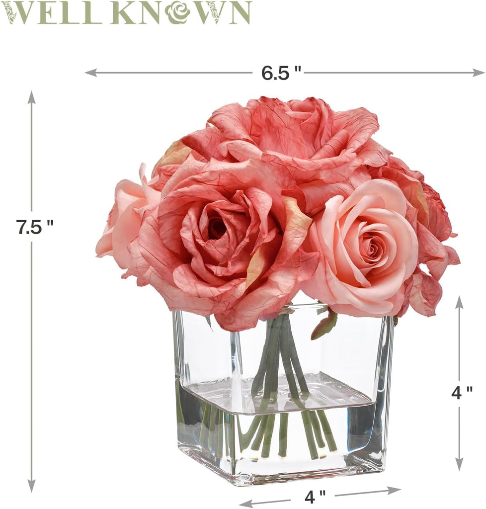 Rose Artificial Flowers in Vase with Faux Water, Silk Rose Table Centerpieces Coffee Table Decor, Bean Pasty Pink