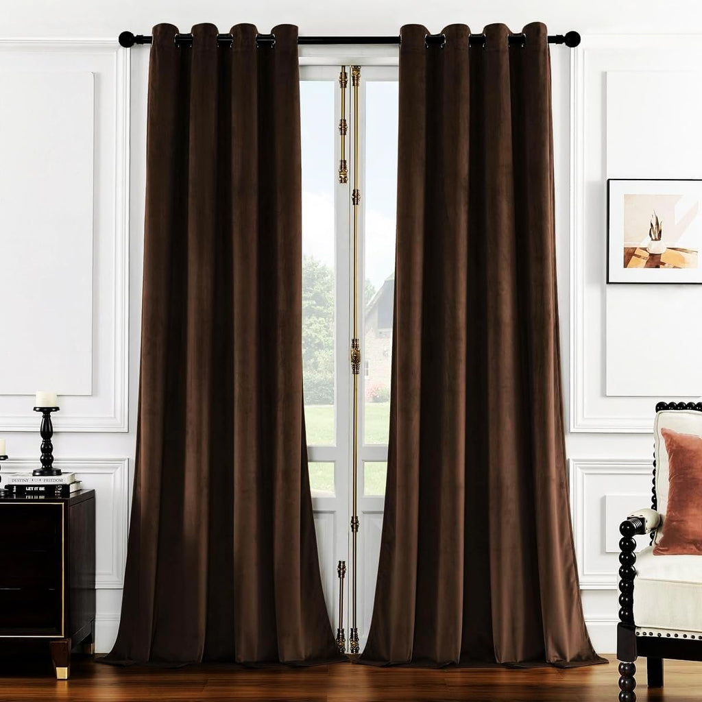Brown 96in Long Luxury Velvet Curtain Panels with Grommet, Insulated Soft Privacy Noise Reducing Velvet Window Drapes