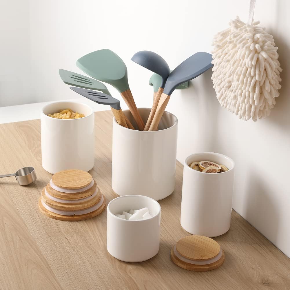 Kitchen Canisters Ceramic Food Storage Jar Set, Stackable Containers with Airtight Seal Wooden Lid for Serving Ground - Set of 4