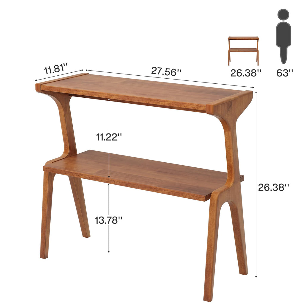 2-Tier Solid Wood Side Table, Mid-Century Modern End Table with Storage Shelves, Tall Slim Side Table for Couch with