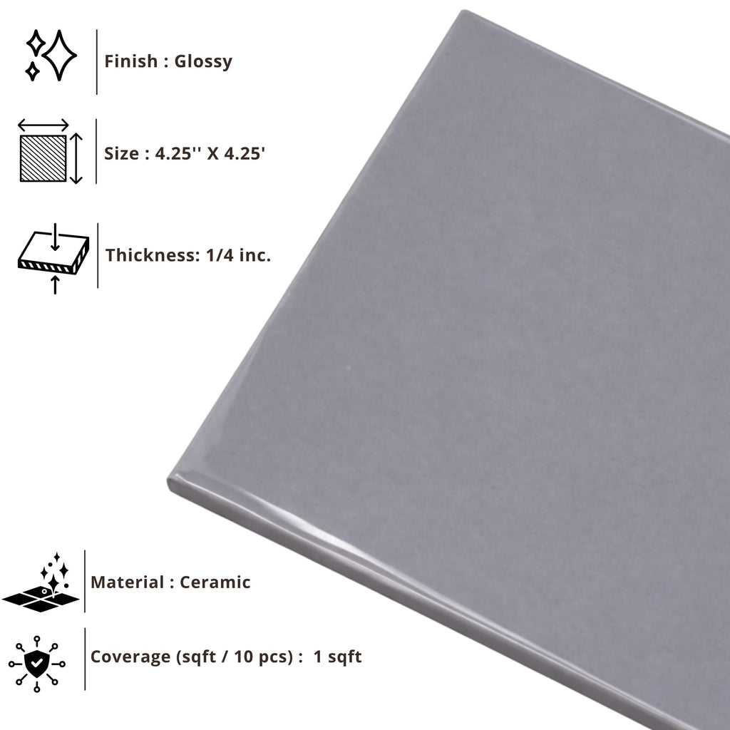 4 in Ceramic Tile Gloss 4 1/4" Box of 10 Pieces Wall and Kitchen Backsplash by - Glossy Finish, Classic Look (Gray)