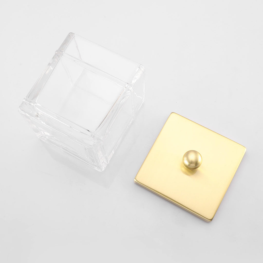 Glass Cotton Jar Holder 2 Pack- Brushed Gold Lid, Elegant Bathroom Storage Canister for Qtips, Cotton Balls, Floss