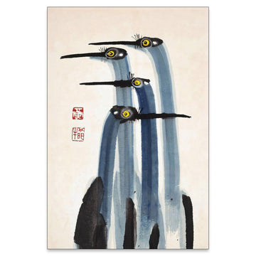 Vintage Japanese Crane Poster Antique Asian Bird Canvas Wall Art Blue Minimalist Animal Watercolor Prints for Country
