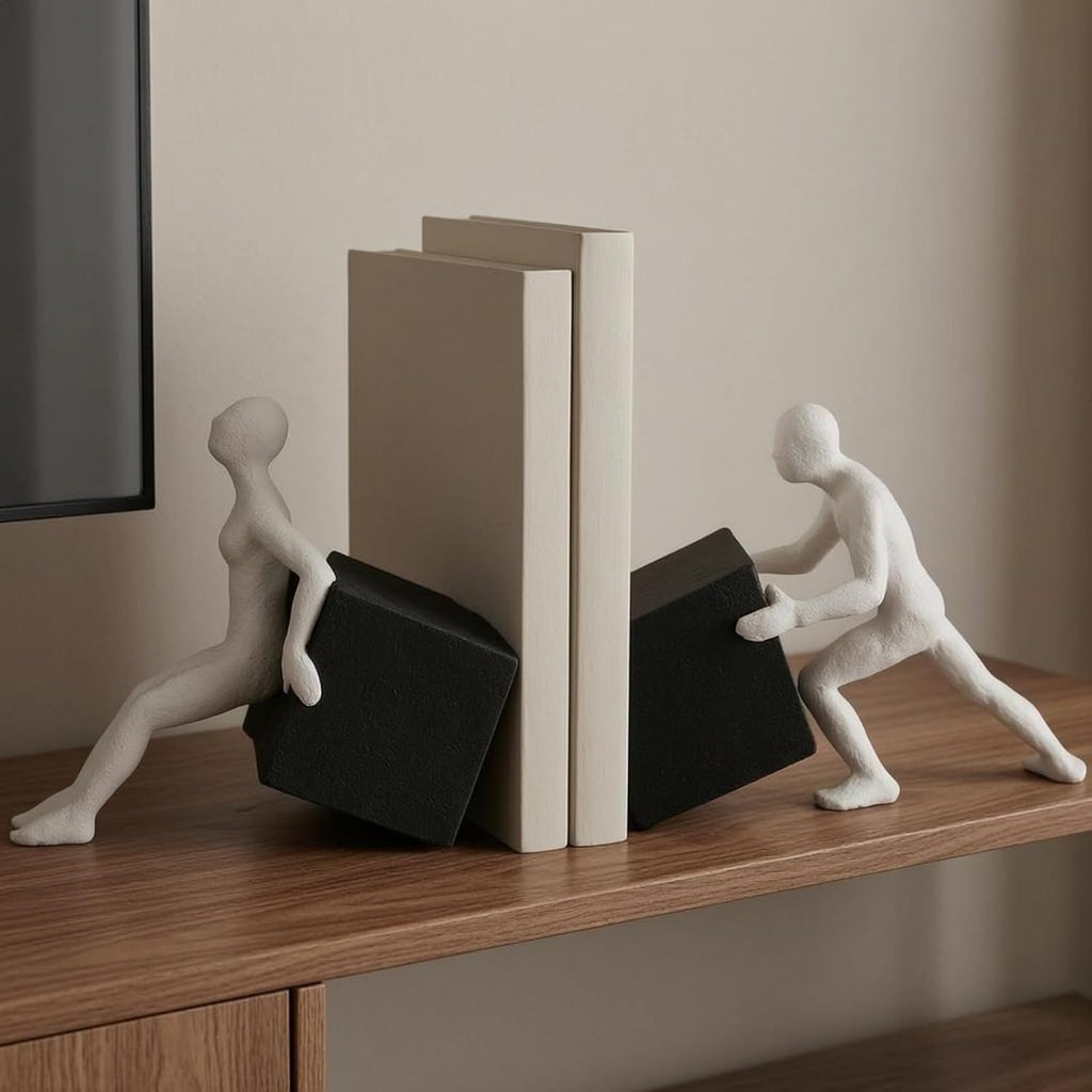 Abstract Figure Bookend Modern Sculptural Resin White Textured Finish Highlighting Carved Shape for Bookcases