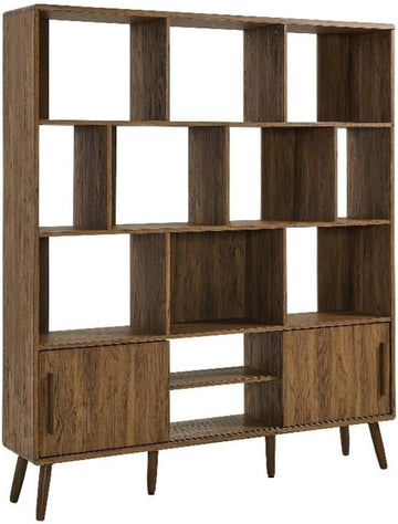 Transmit 14 Shelf Bookcase with Sliding Doors in Walnut - 59 Inch Wood Mid-Century Modern Bookshelf - 4 Tier Wide