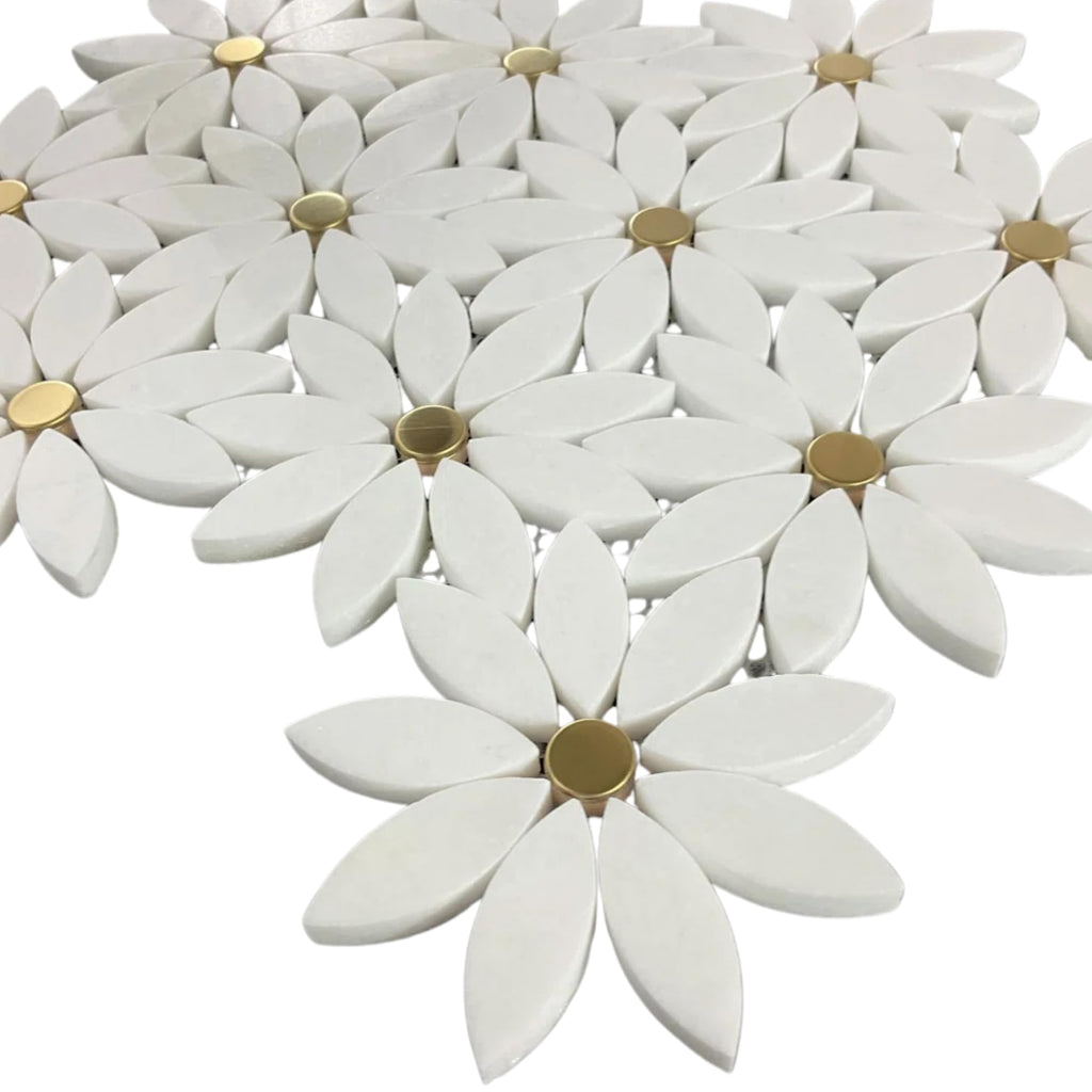 Thassos White Marble Daisy Flower Mosaic Tile with Gold Metal Inlay 12x12 Inches - Decorative Natural Stone Wall &