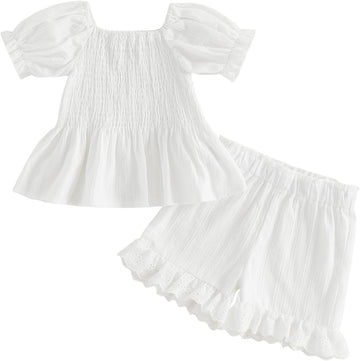 Toddler Baby Girl Summer Outfit Smocked Short Sleeves T-Shirt Elastic Ruffle Shorts Set Cute Girls Clothes Set