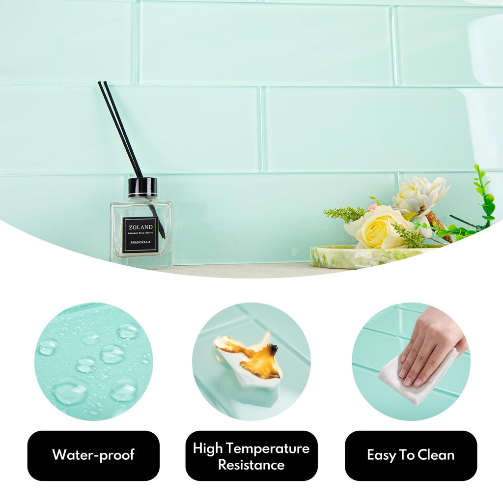Light Green Glass Subway Tile, Glass Kitchen Shower Backsplash Wall, 4 x 12 Inches, 4 Sq.Ft