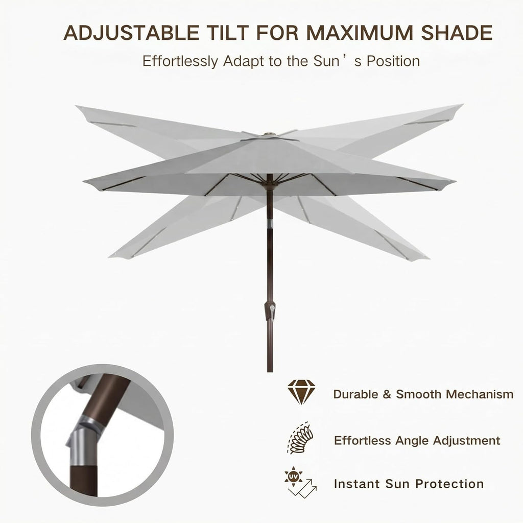 10FT Outdoor Patio Umbrella with Solar Lights, Market Table Umbrella with Push Button Tilt & Crank, 8 Sturdy Ribs