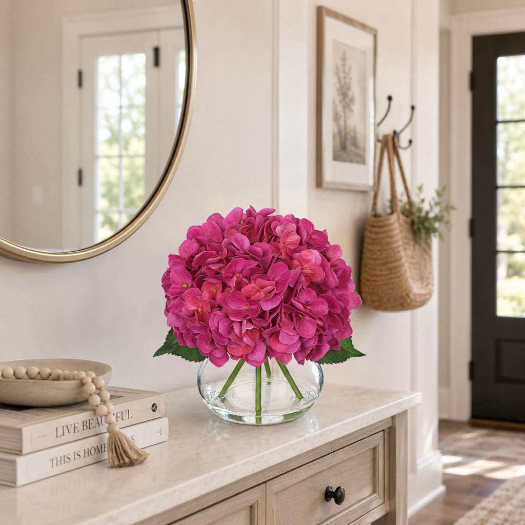 Real Touch Hydrangea with Glass Vase Rose Pink Full Latex Hydrangeas Artificial Flowers in Vase Lifelike Bouquets