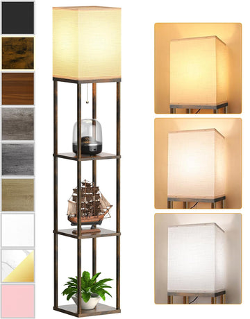 Floor Lamp with Shelves Brown, Shelf Floor Lamp with 3 CCT LED Bulb, Corner Display Standing Column Lamp Etagere